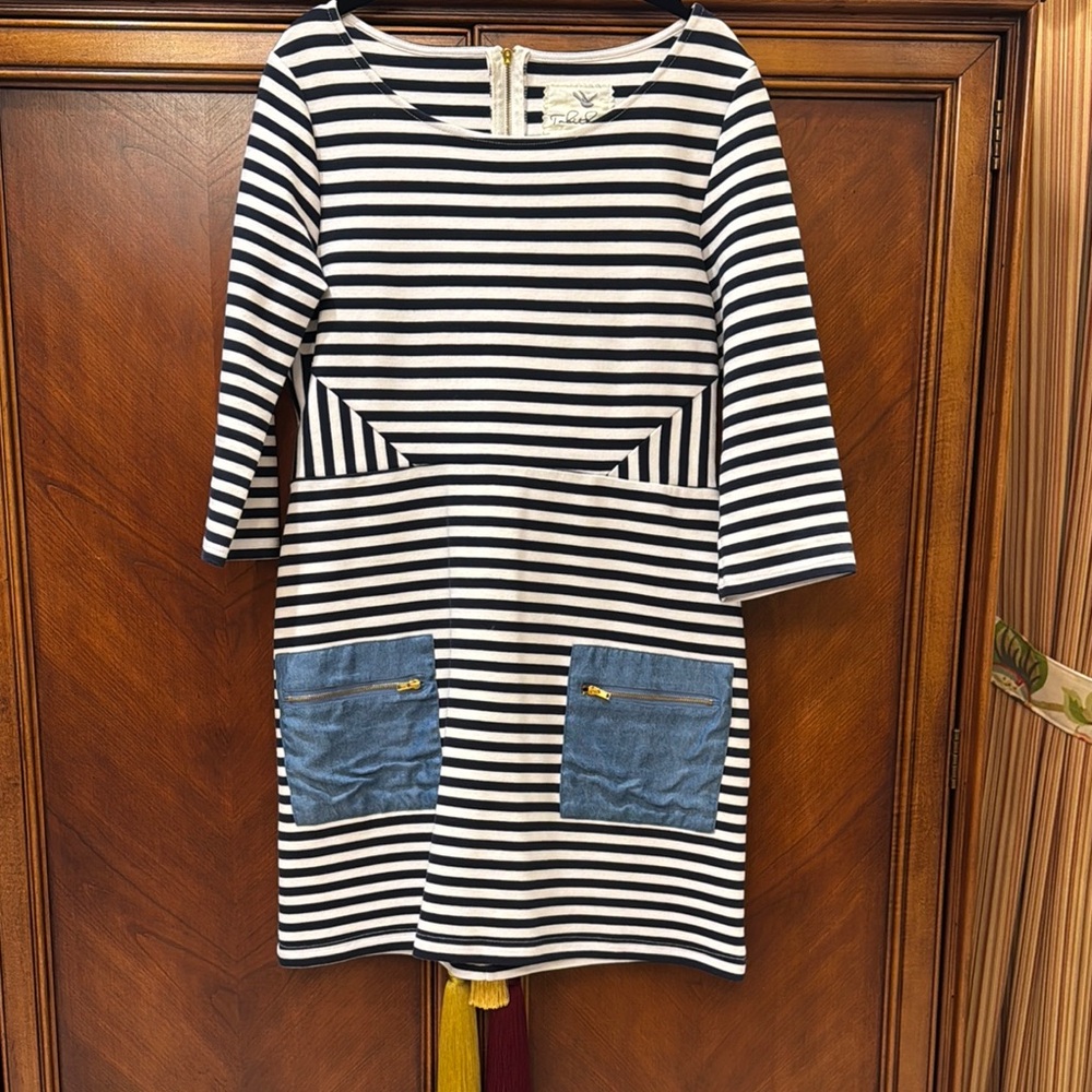 Striped Navy and White Kids Dress with Denim Pockets